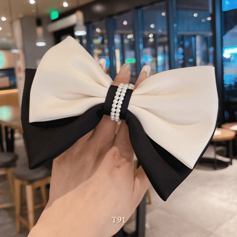 Buộc tóc nữ dạng nơ 2 tầng loại to vải lụa mịn phối ngọc trai nhân tạo thời trang -  T91
