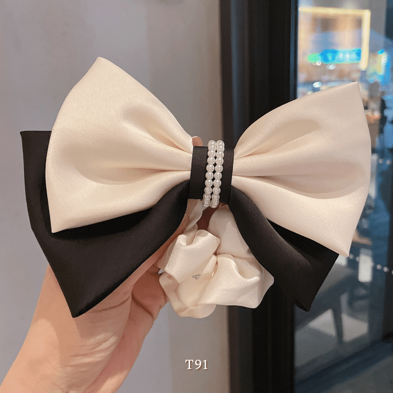 Buộc tóc nữ dạng nơ 2 tầng loại to vải lụa mịn phối ngọc trai nhân tạo thời trang -  T91