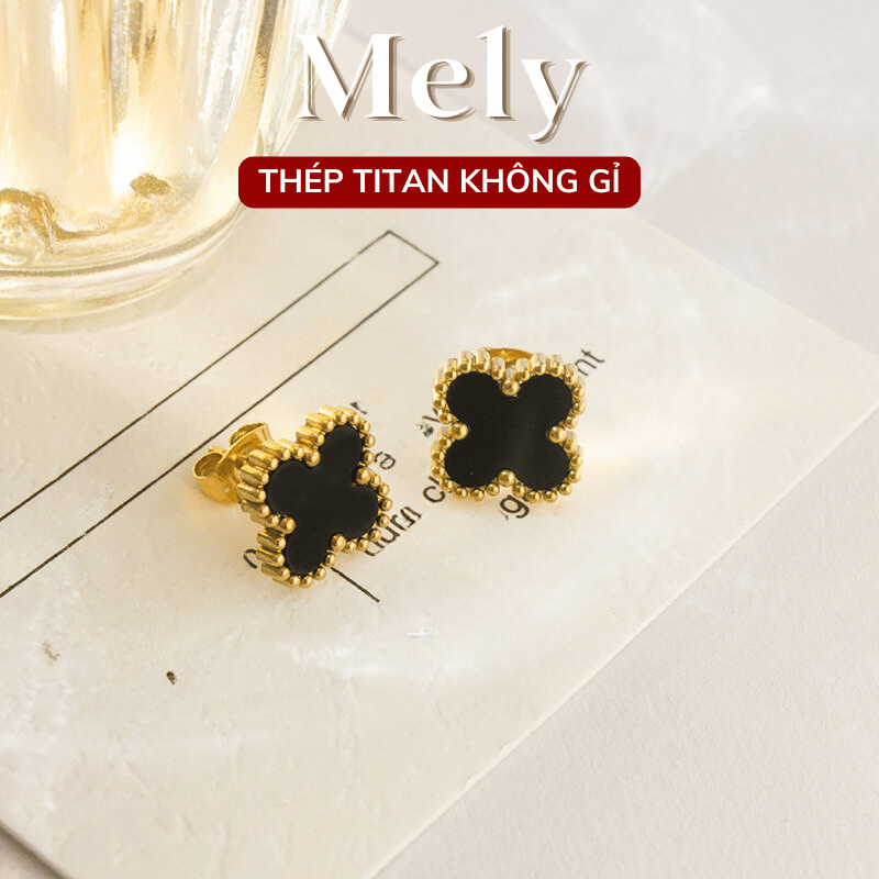 Bông tai nữ mạ vàng mặt đá đen hình cỏ 4 lá xu hướng Hàn Quốc -  TT80