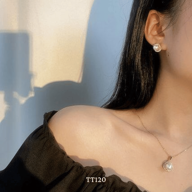 Bông tai đính đá phối ngọc trai nhân tạo dáng tròn TT120