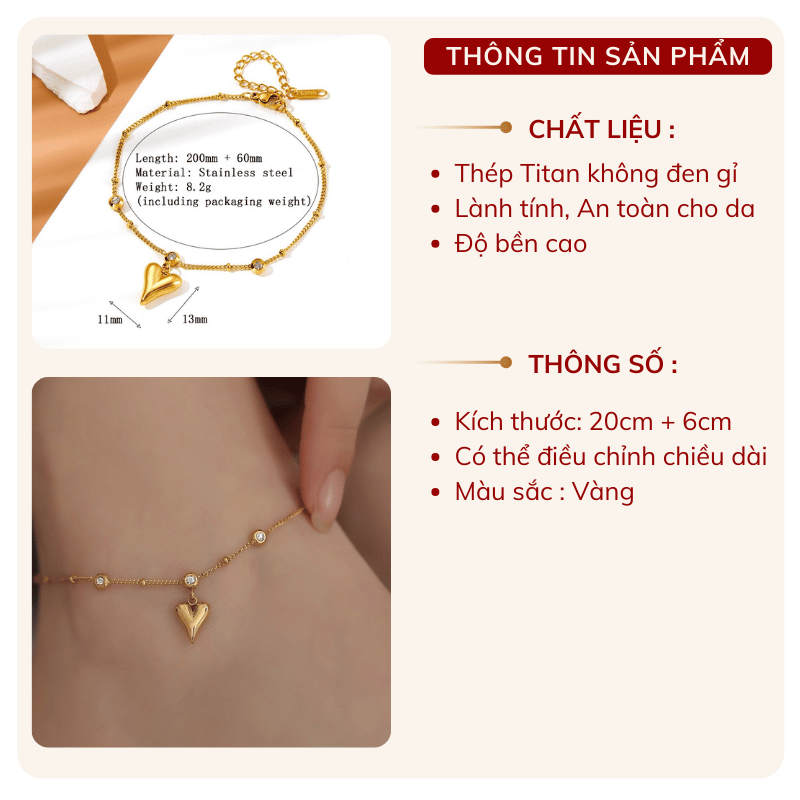Lắc chân Thép Titan không gỉ hình tim TT148