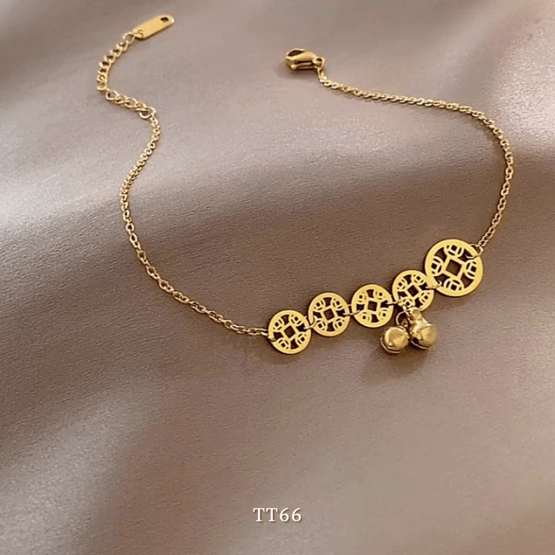 [KHÔNG ĐEN GỈ] Lắc chân thép Titan mạ vàng hình đồng xu kết hợp với chuông  - TT66