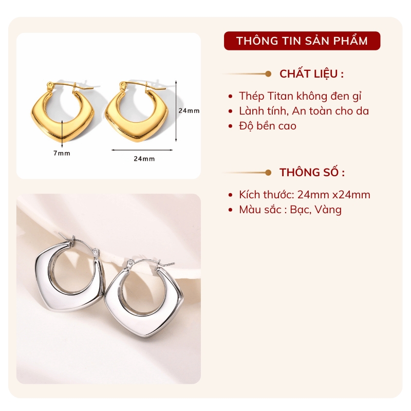 Bông tai Thép Titan không gỉ dạng vuông TT142