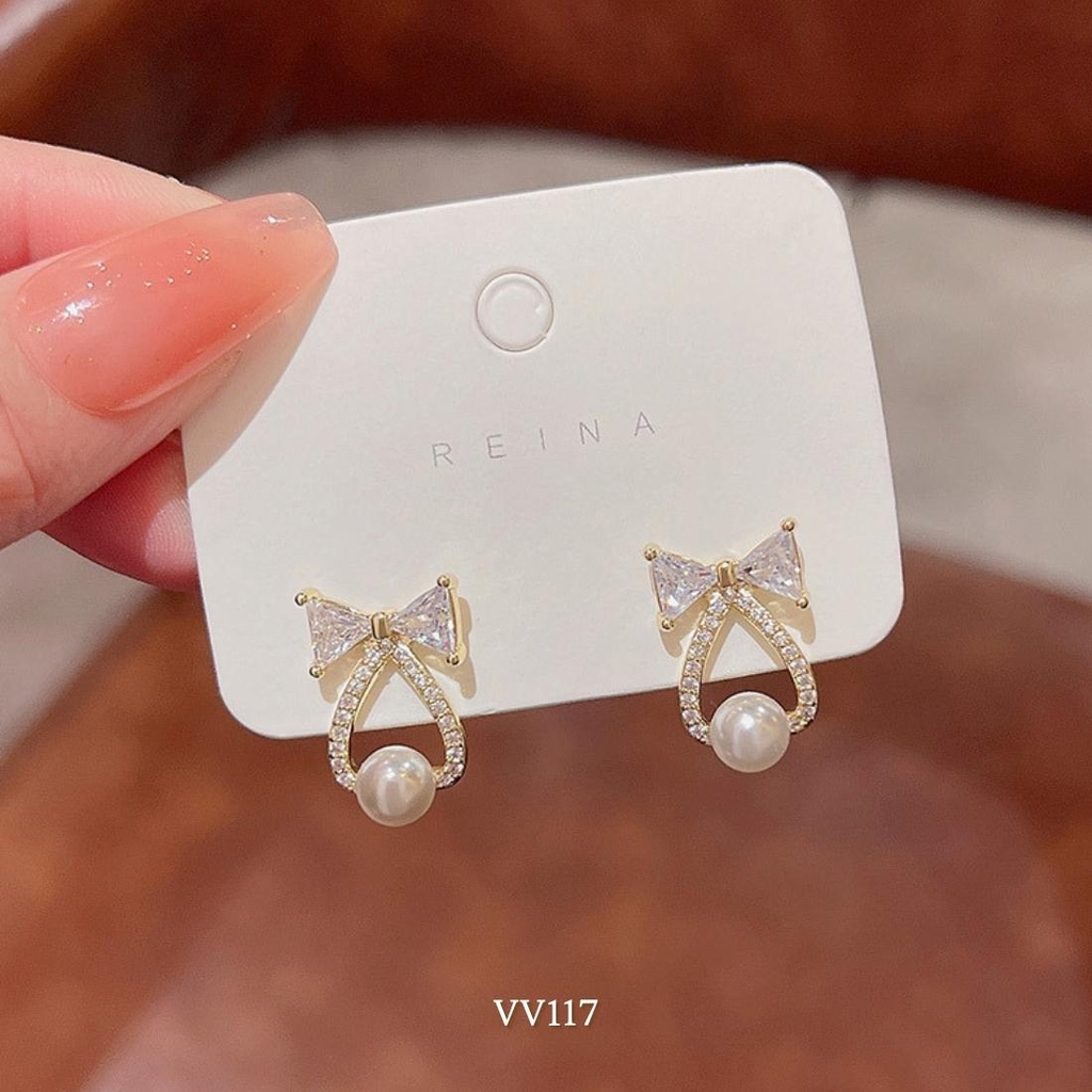 Bông tai nữ hình nơ phối ngọc trai nhân tạo sang trọng hiện đại VV117