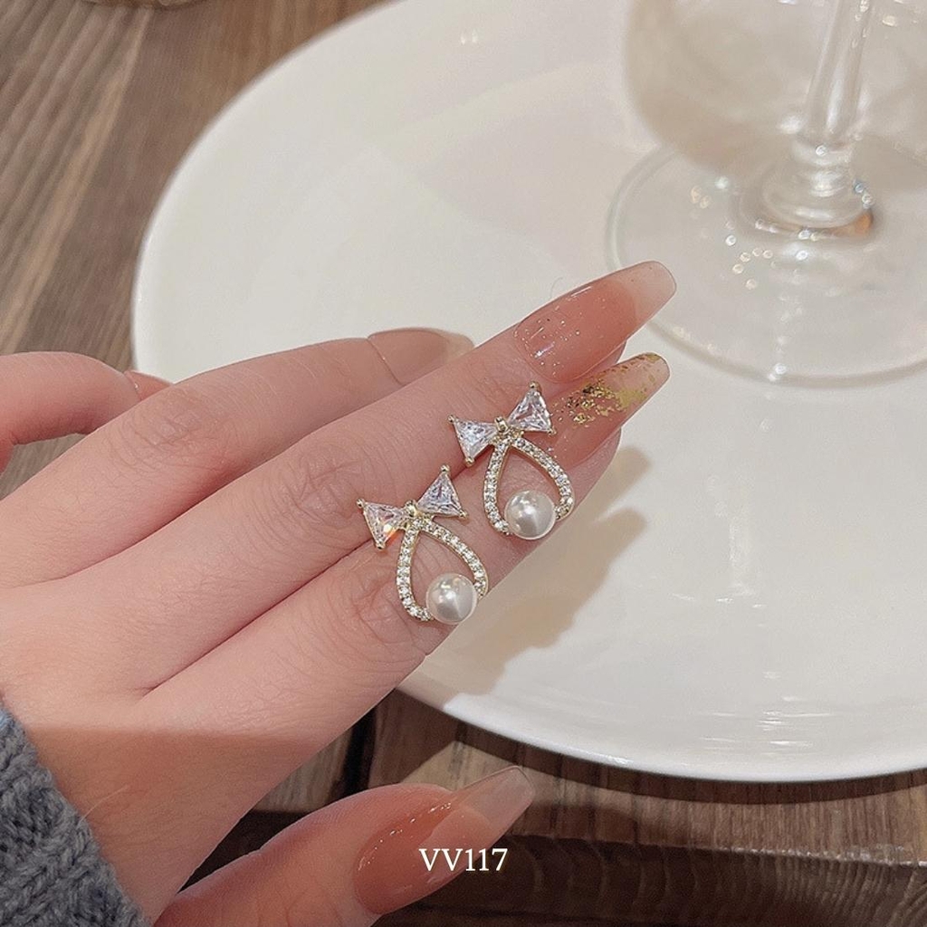 Bông tai nữ hình nơ phối ngọc trai nhân tạo sang trọng hiện đại VV117
