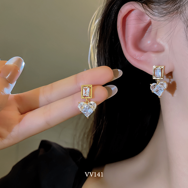 Bông tai nữ hình tim dạng thả đính đá cao cấp sang trọng phong cách Hàn Quốc VV141