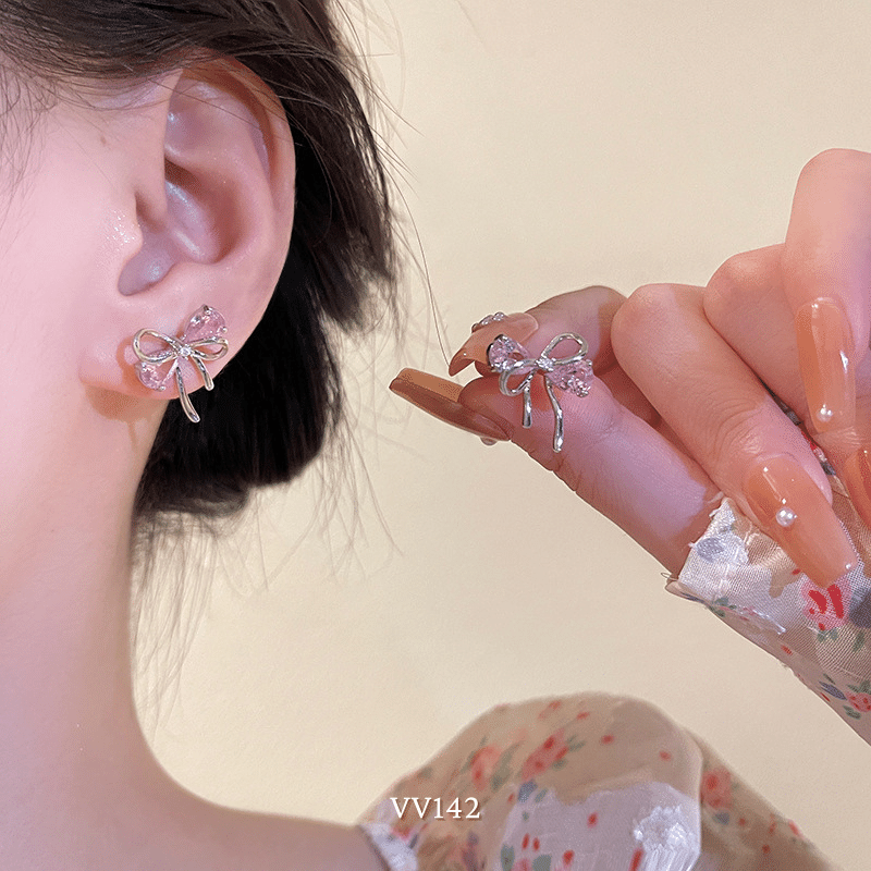 Bông tai nữ hình nơ đính đá hồng cao cấp phong cách nhẹ nhàng nữ tính thời trang VV142