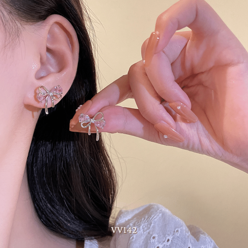 Bông tai nữ hình nơ đính đá hồng cao cấp phong cách nhẹ nhàng nữ tính thời trang VV142