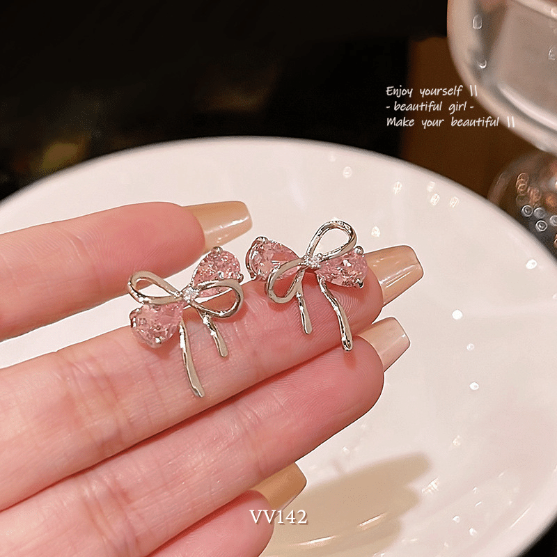 Bông tai nữ hình nơ đính đá hồng cao cấp phong cách nhẹ nhàng nữ tính thời trang VV142