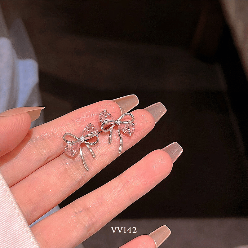 Bông tai nữ hình nơ đính đá hồng cao cấp phong cách nhẹ nhàng nữ tính thời trang VV142