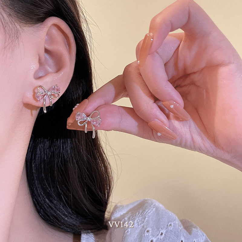 Bông tai nữ hình nơ đính đá hồng cao cấp phong cách nhẹ nhàng nữ tính thời trang VV142