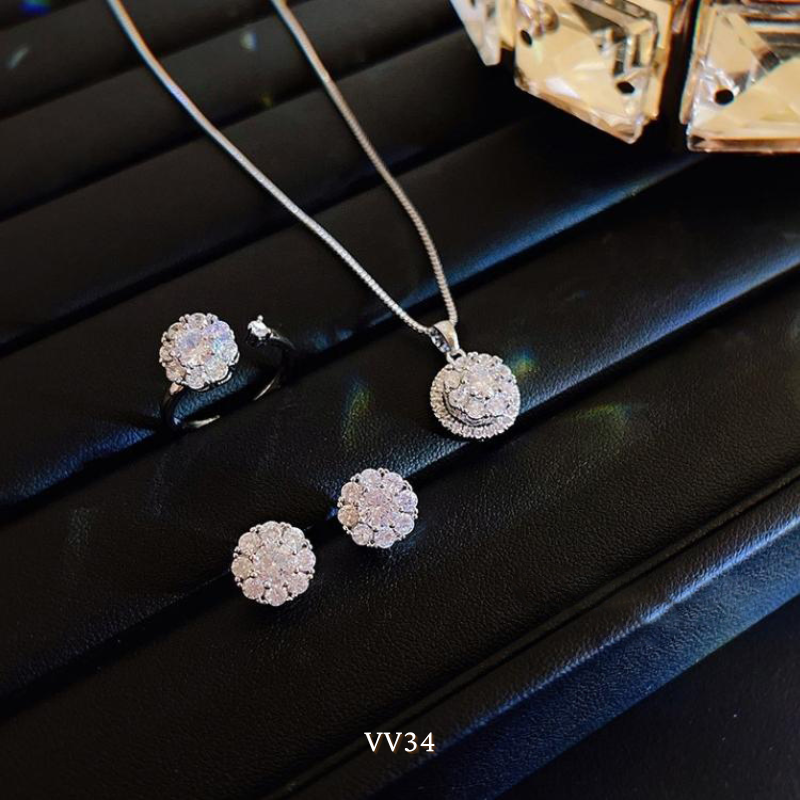 Bộ trang sức dây chuyền bông tai zircon đá xoay cao cấp SET10 VV34-1 VV34-2 VV34-3