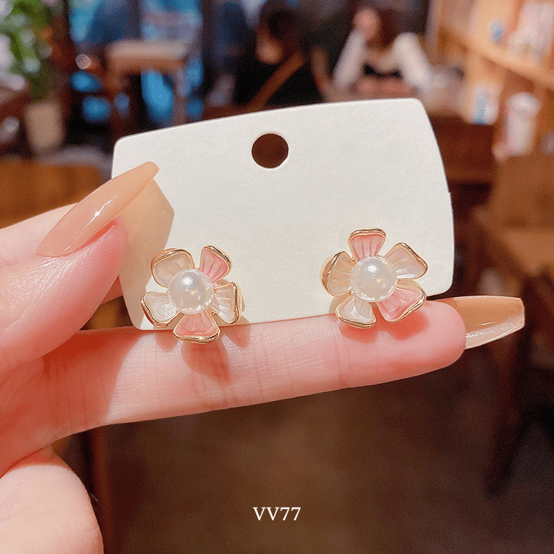 Bông tai hoa 5 cánh phối hạt ngọc trai nhân tạo nữ tính thời trang VV77