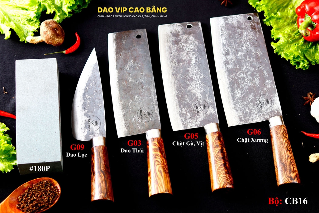 BỘ DAO BẾP CB16 cán cẩm + ĐÁ MÀI DAO VIP CAO BẰNG