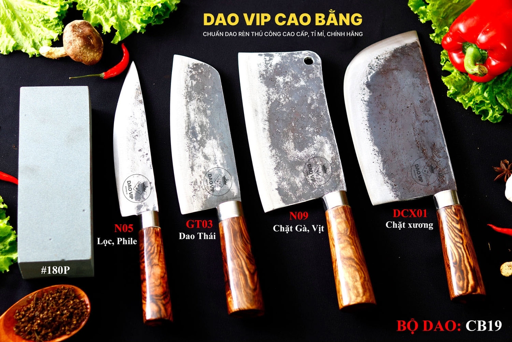 BỘ DAO BẾP CB19 cán cẩm + ĐÁ MÀI DAO VIP CAO BẰNG