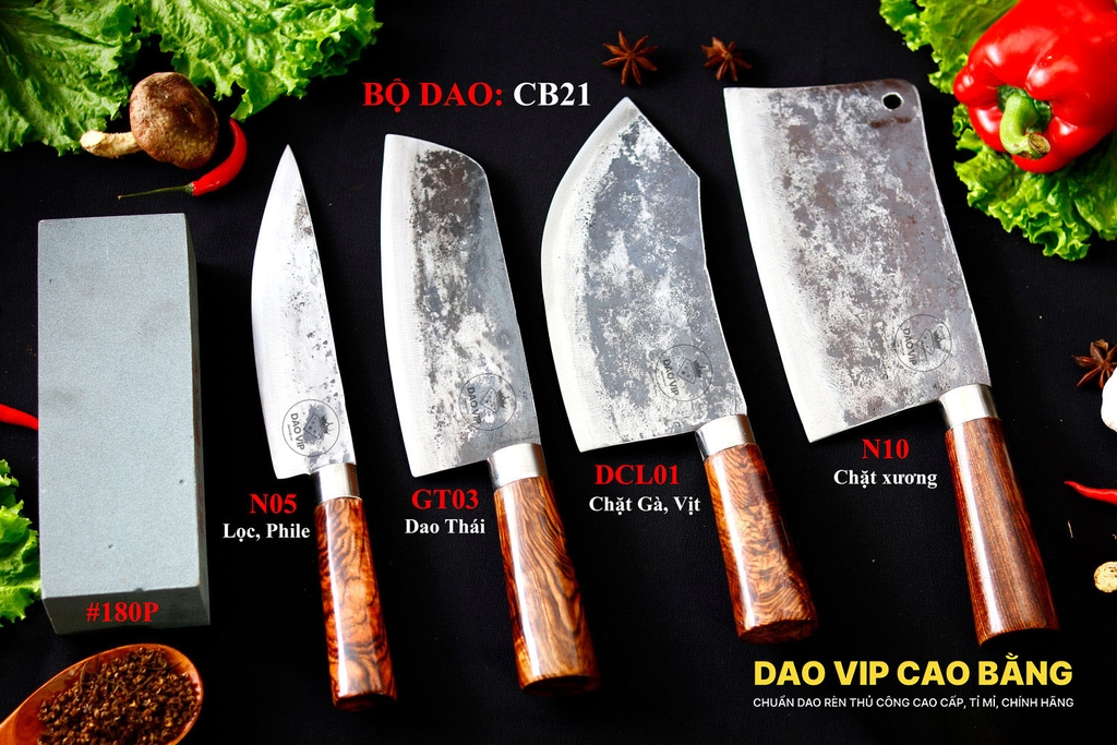BỘ DAO BẾP 21 cán cẩm + ĐÁ MÀI DAO VIP CAO BẰNG