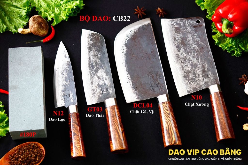BỘ DAO BẾP CB22 cán cẩm + ĐÁ MÀI DAO VIP CAO BẰNG