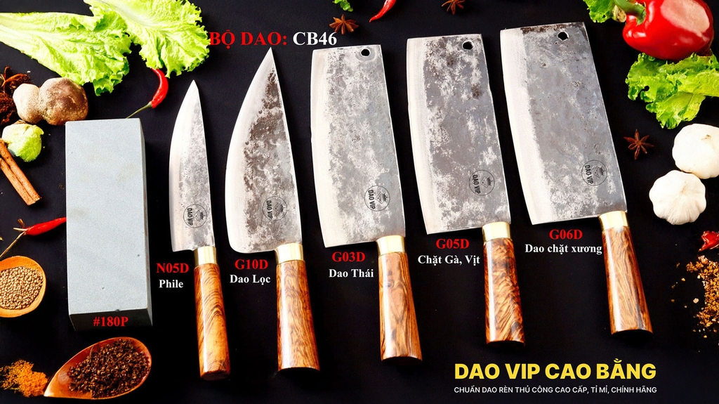 BỘ DAO BẾP CB46 cán cẩm khâu đồng + ĐÁ MÀI DAO VIP CAO BẰNG