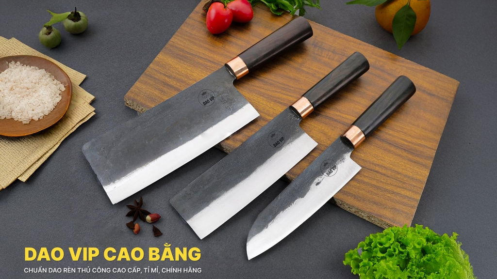 Bộ dao bếp nhíp xe chặt thái lọc đa năng cán gỗ mun CB89NMDD DAO VIP CAO BẰNG