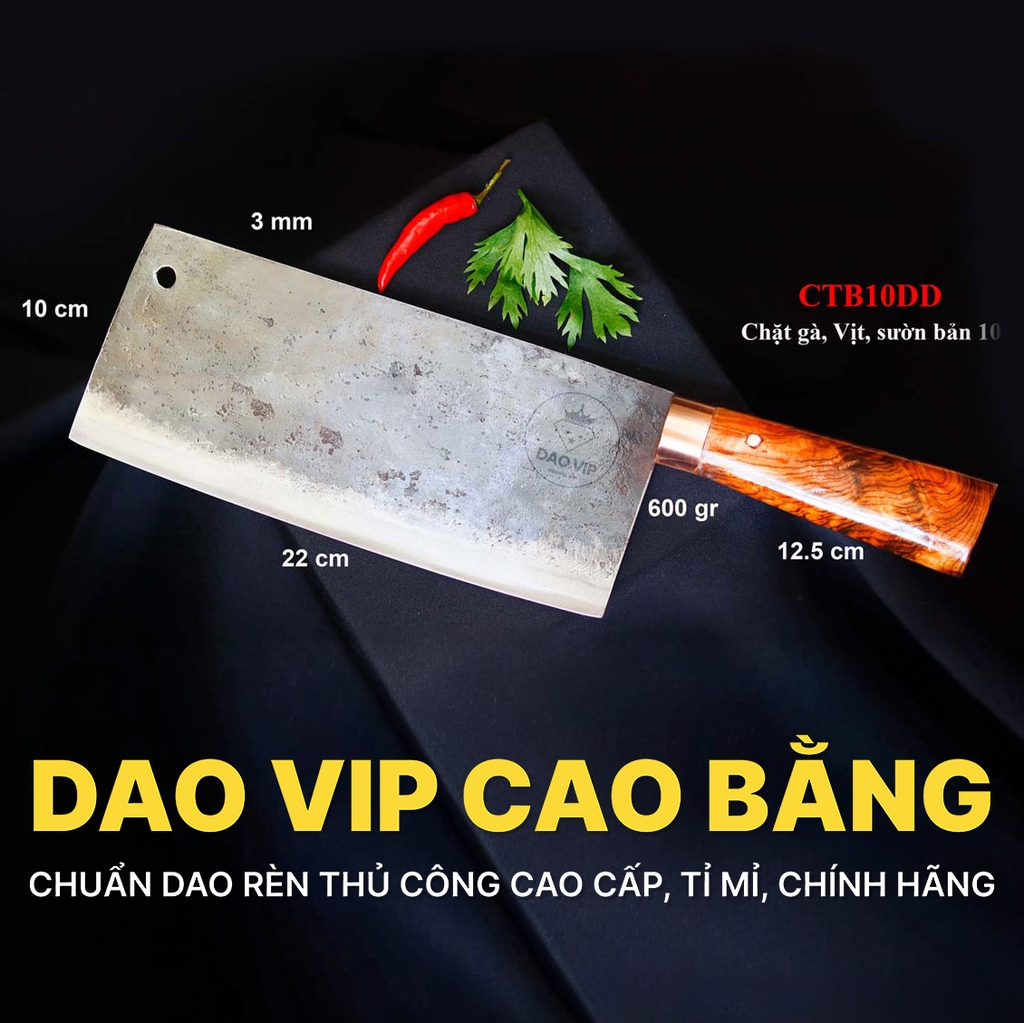 Dao chặt - thái bản 10 - Thép nhíp ô tô - Cán gỗ khâu đồng - CTB10MDD