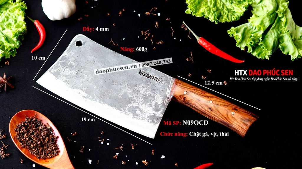 Dao chặt gà sắc bén -Thép nhíp ô tô - Cán ốp nu - N09OCD