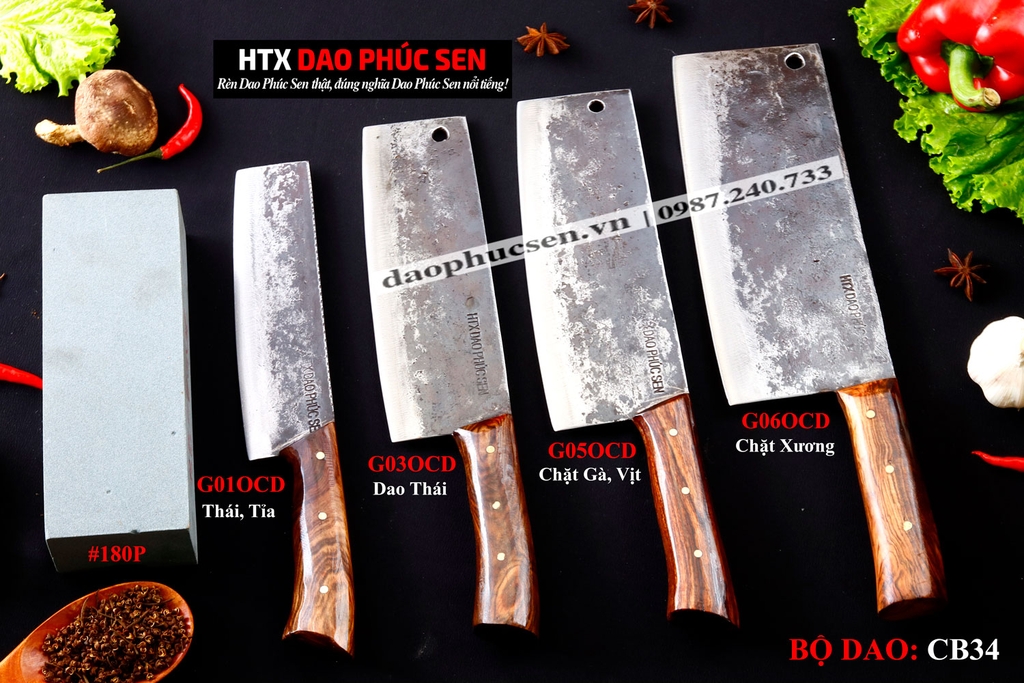 BỘ DAO BẾP CB34 cán ốp cẩm + ĐÁ MÀI