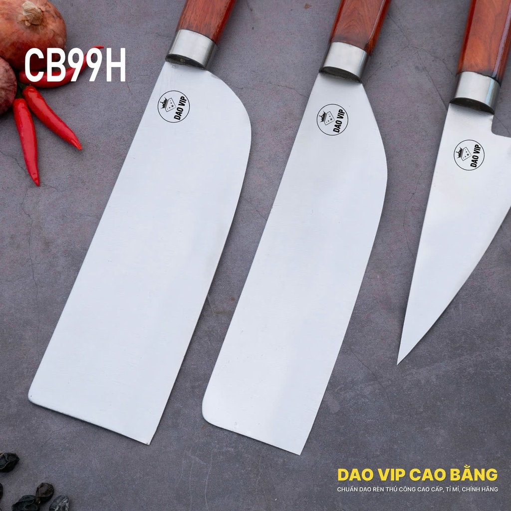 Bộ dao bếp 3 món thép trắng CB99H hàng chuẩn của DAO VIP CAO BẰNG vệ sinh, an toàn , sạch sẽ, ít bị oxy hóa