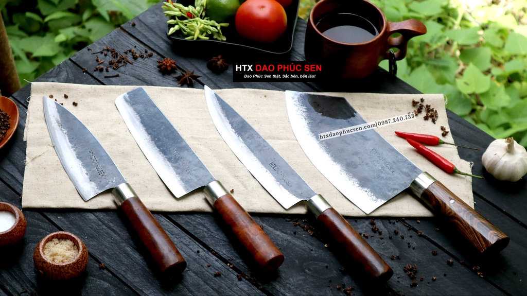 BỘ DAO BẾP 04-CB04A thép nhíp xe cán gỗ tự nhiên /DAO VIP - HTX DAO PHÚC SEN