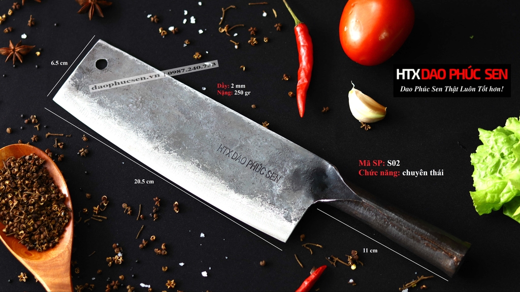 Dao thái sắc bén - Cán sắt thép nhíp ô tô S02, dễ mài lại, HÀNG CHUẨN CỦA DAO VIP - HTX DAO PHÚC SEN