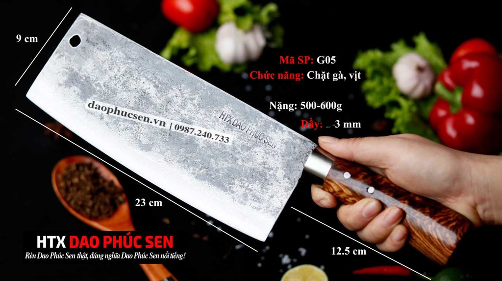 Dao chặt gà đa năng sắc bén - Thép nhíp ô tô - Cán gỗ tự nhiên khâu inox - G05