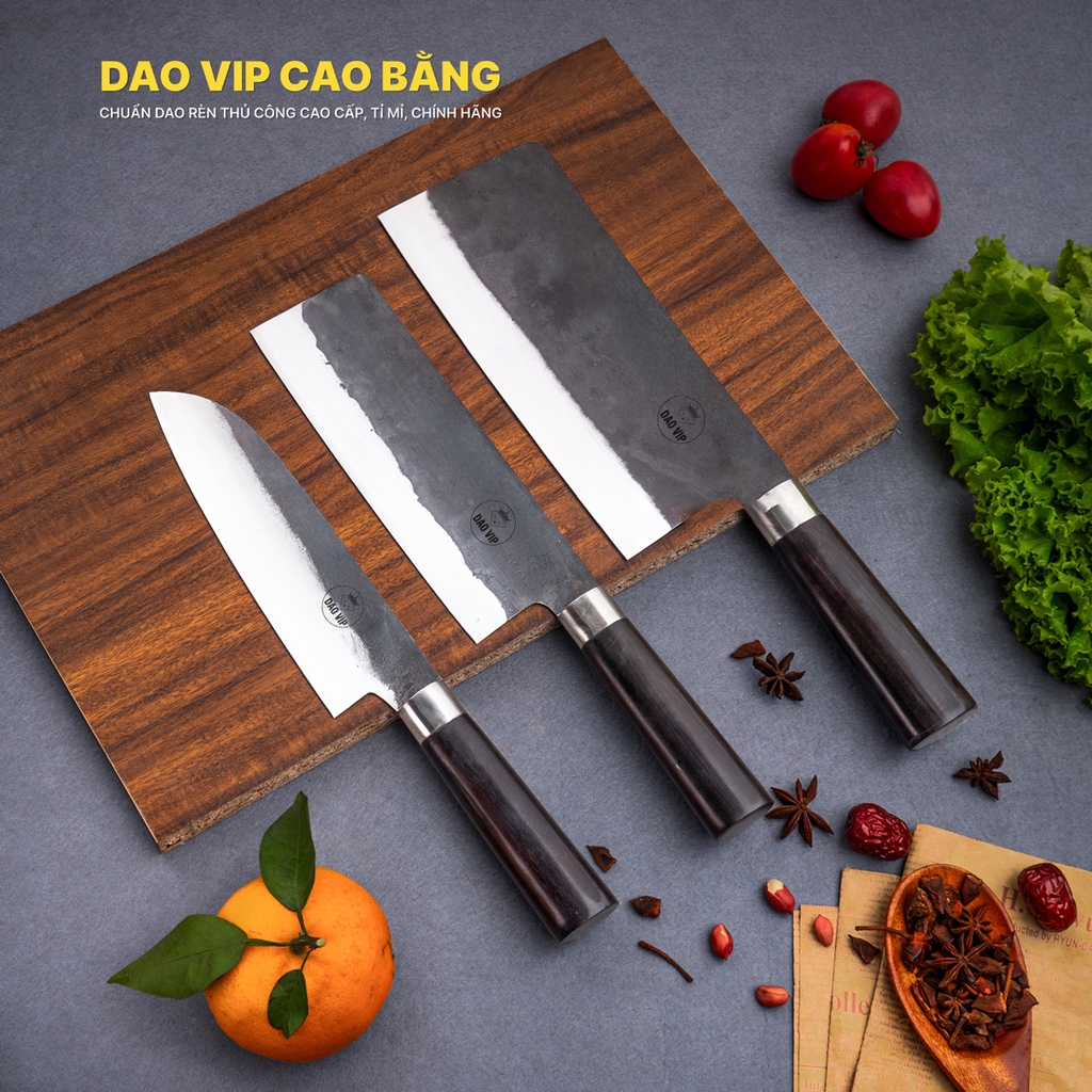 Bộ dao bếp nhíp xe chặt thái lọc đa năng cán gỗ mun CB89NM DAO VIP CAO BẰNG