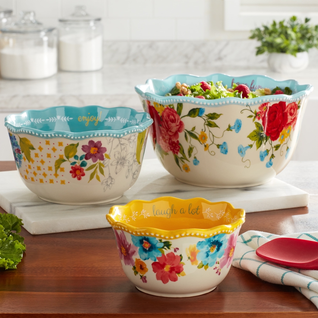 Set 3 thố sứ The Pioneer Woman Sweet Rose Sentiment Serving Bowls