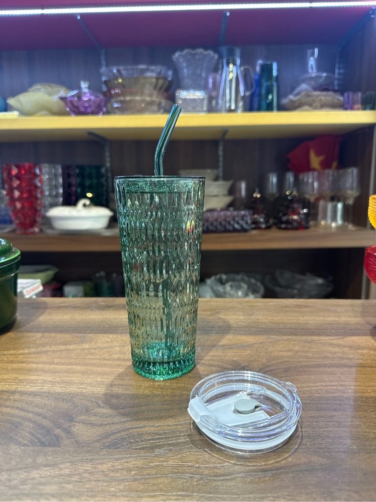 Cốc thủy tinh cao kèm ống hút Crista 500ml màu xanh lá vân sọc (tặng nắp nhựa chống tràn)( tách) 60243-G