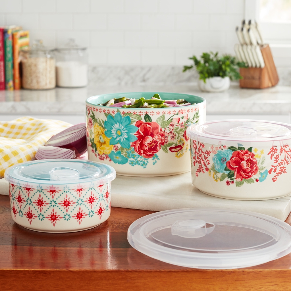 Set 3 thố sứ có nắp The Pioneer Woman Fancy Flourish Nesting Bowls PW53968818146B8