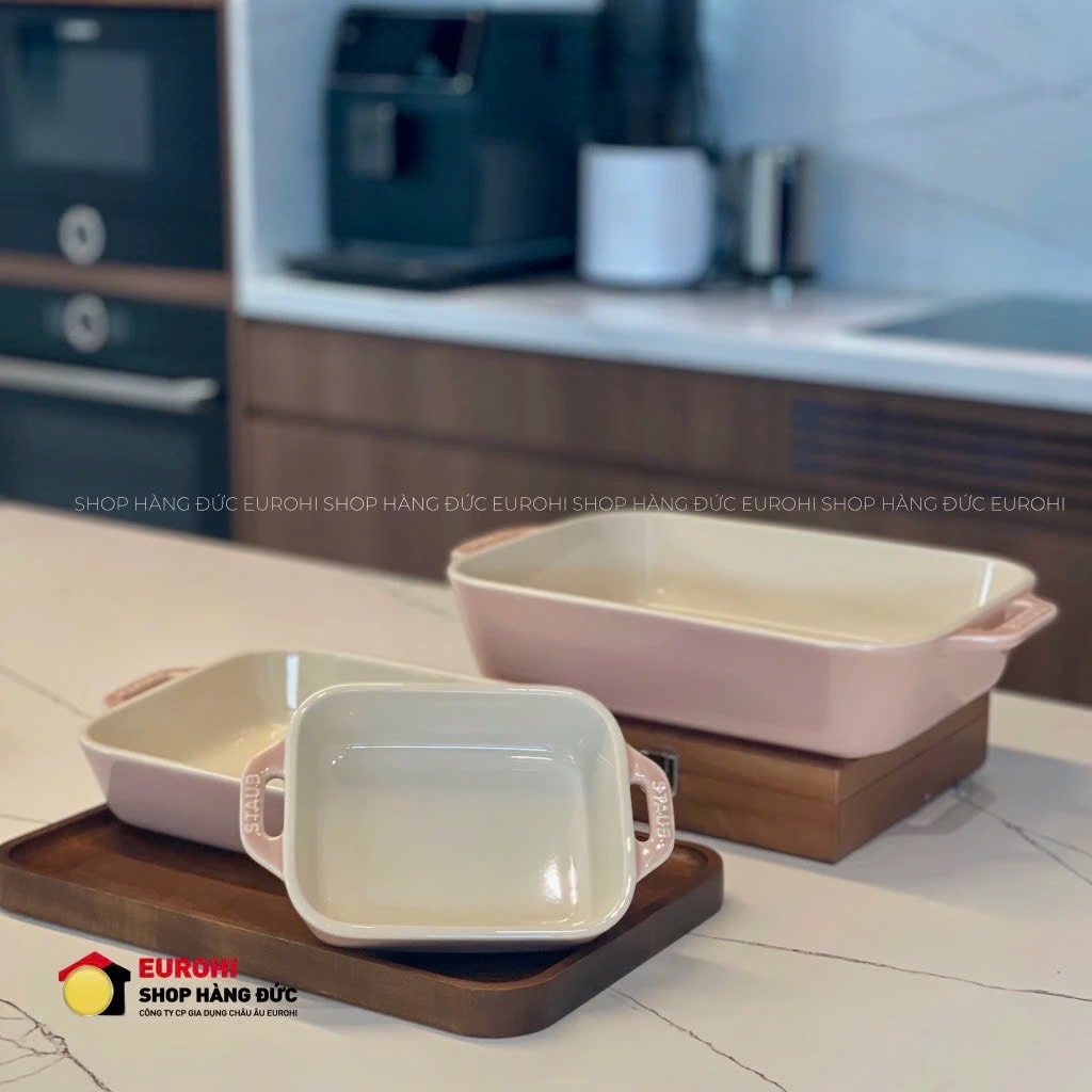 Set 3 khay sứ Staub màu hồng (14-20-27cm)