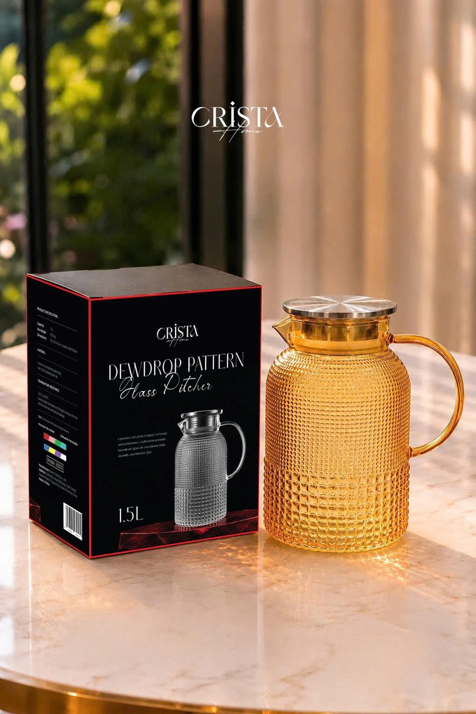 Bình thủy tinh Crista Home vân hạt sương mai 1,5L màu vàng (60302-Y)