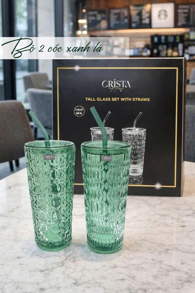 Bộ 2 cốc thủy tinh cao kèm ống hút Crista 500ml màu xanh lá (60243-G) (TẶNG 2 nắp nhựa chống tràn)