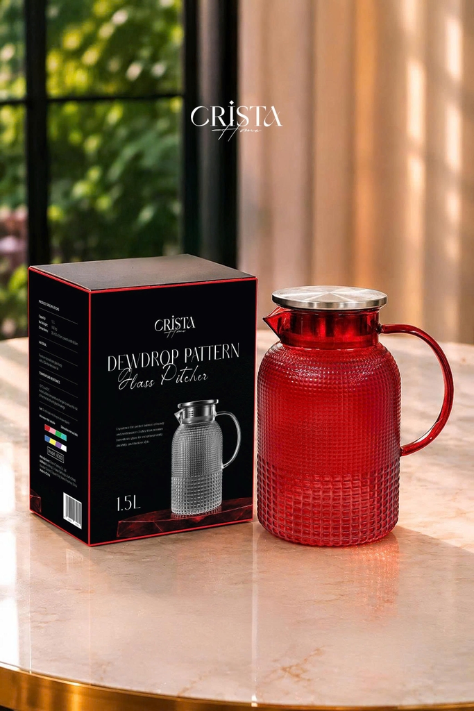 Bình thủy tinh Crista Home vân hạt sương mai 1,5L màu đỏ (60302-R)