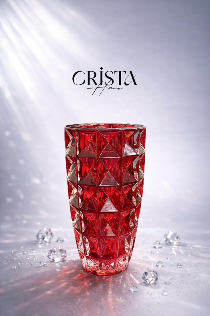 Lọ cắm hoa thủy tinh Crista Home vân kim cương 27.5cm x 14cm màu đỏ ruby (60232-R)
