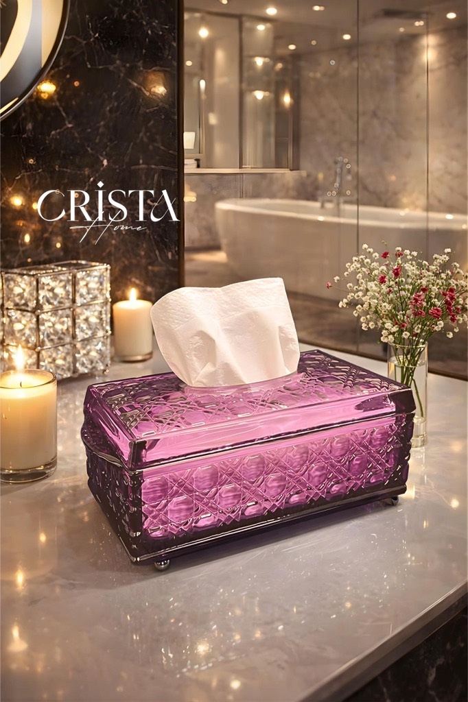 Hộp thuỷ tinh đựng giấy ăn vân pha lê nổi Crista Home màu hồng