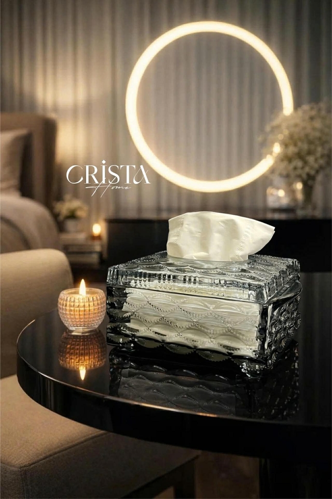 Hộp thủy tinh đựng giấy ăn vân sóng Crista Home màu trắng (60233-W)