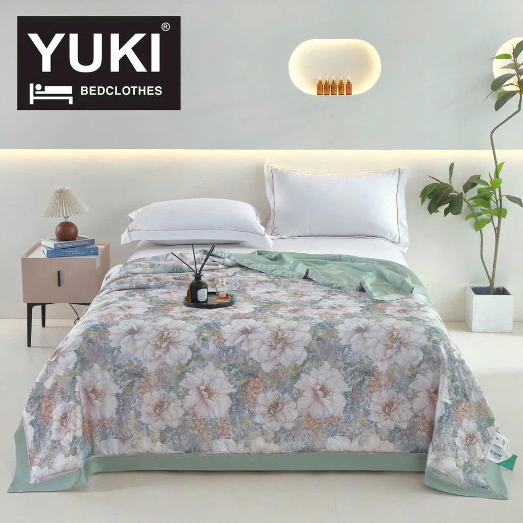 Chăn hoa tơ lụa YUKI Lenzing Tencel 2x2.3m (xanh nhạt)