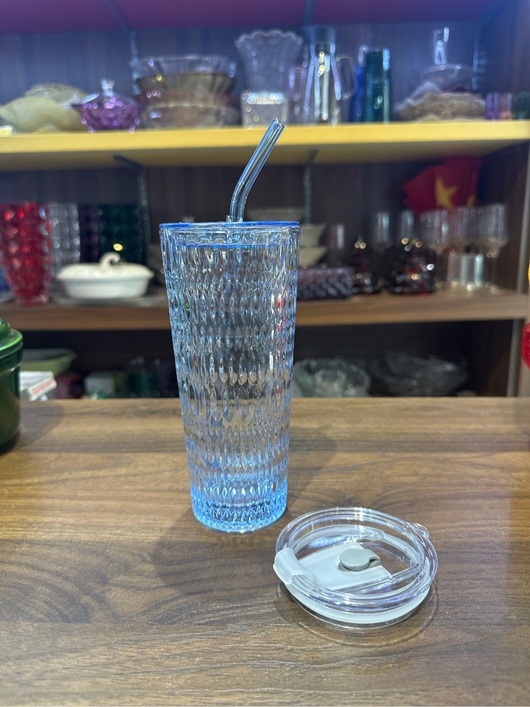 Cốc thủy tinh cao kèm ống hút Crista 500ml màu xanh dương vân sọc (tặng nắp nhựa chống tràn)( tách) 60243-B