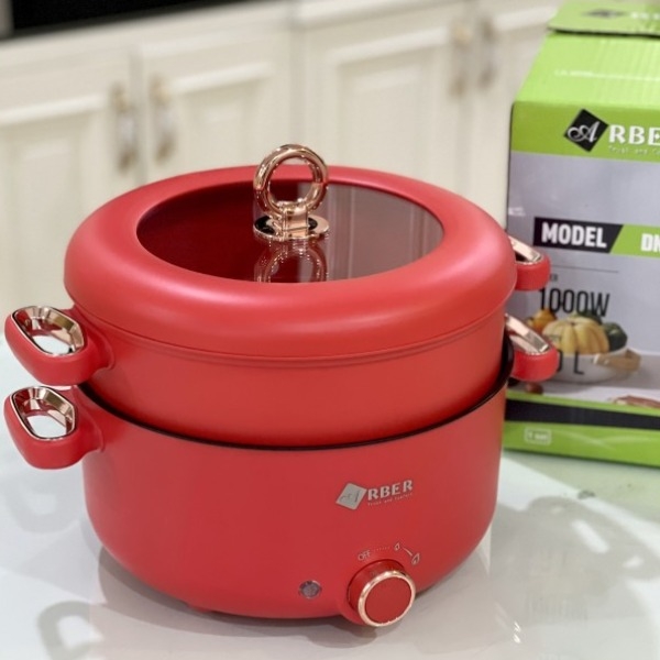 Nồi điện đa năng Arber 3L kèm xửng hấp màu đỏ DN03