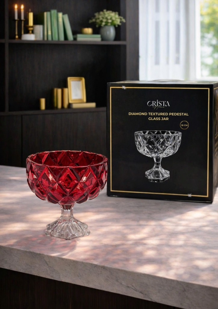 Hũ thủy tinh chân bồng vân kim cương 18cm Crista Home màu đỏ (60251-R)