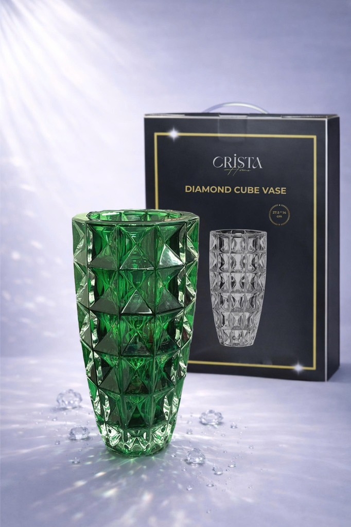 Lọ cắm hoa thủy tinh Crista Home vân kim cương 27.5cm x 14cm màu xanh lá (60232-G)