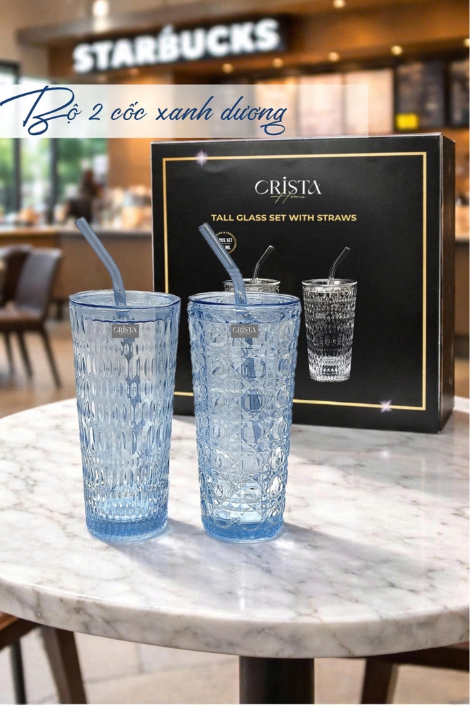 Bộ 2 cốc thủy tinh cao kèm ống hút Crista 500ml màu xanh dương (60243-B) (TẶNG 2 nắp nhựa chống tràn)