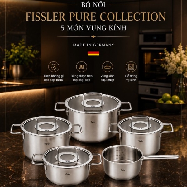 Bộ nồi Fissler Pure Collection 5 món vung kính (4 nồi + 1 quánh) (086-115-05-000/0)