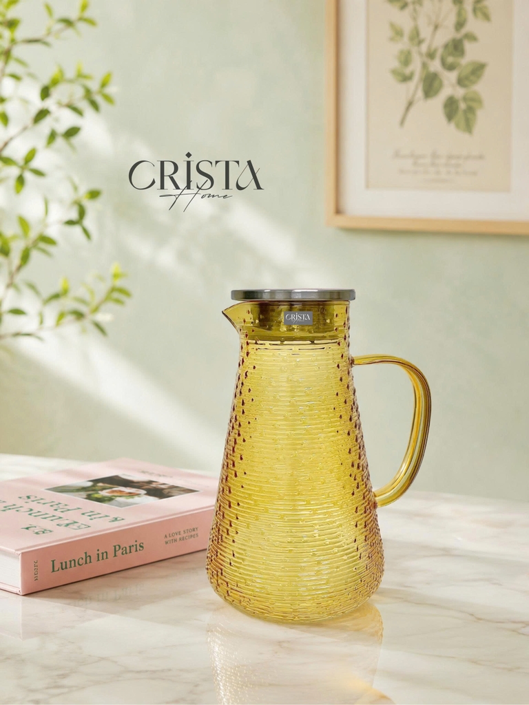 Bình nước thủy tinh Crista Home họa tiết vân ngang 2L màu vàng (60279-Y)