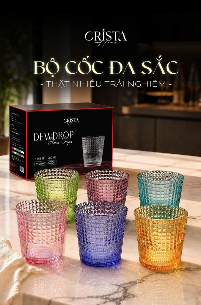 Bộ 6 cốc thủy tinh Crista Home vân hạt sương mai 280ml mix màu (60301-MIX)